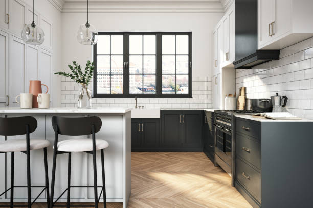 Interior design of elegant kitchen with black and white elements- 3d render